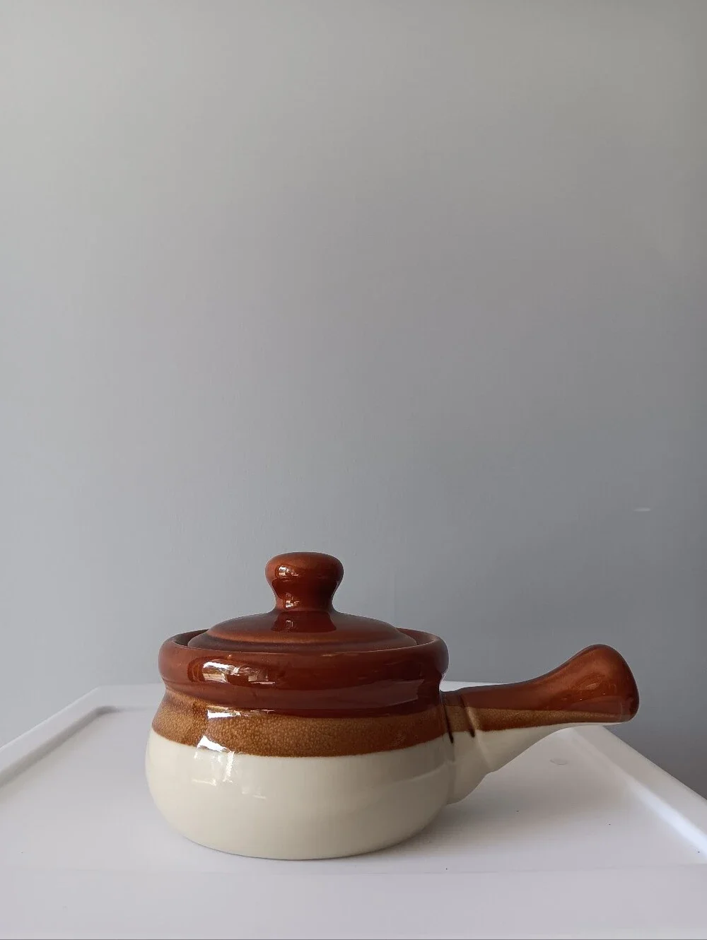 Vintage Handled Ceramic Crock French Onion Soup Bowl & Lid Made in Japan Brown